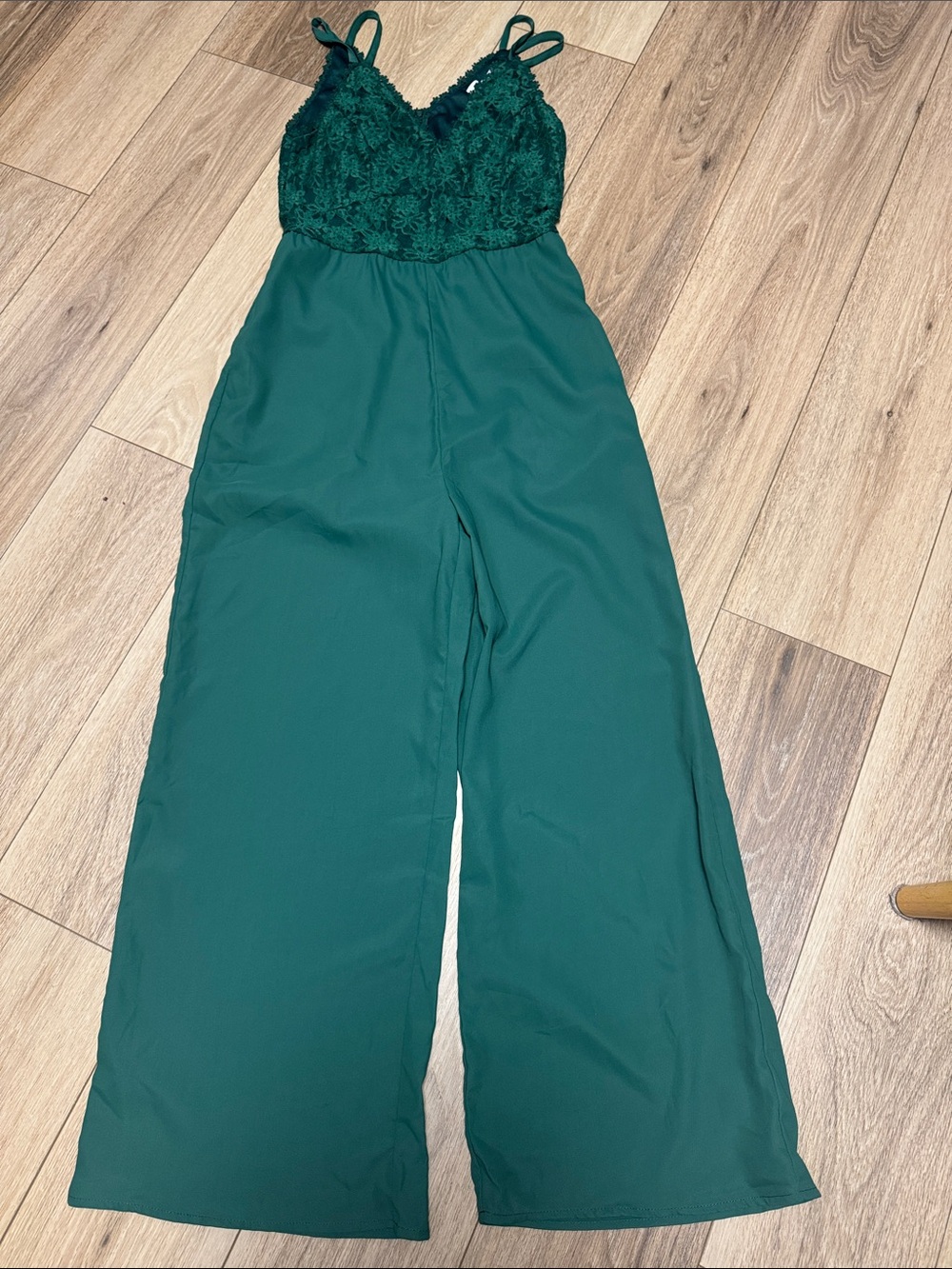 Cupshe NWT S Sleeveless Lace-Top Wide-Leg Emerald Green ZIPPER POCKETS JUMPSUIT - Picture 3 of 6